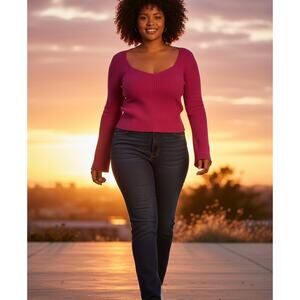 Wild Fable Sweater Womens XXL Pink Ribbed Sweetheart Neck Crop Knit Stretch